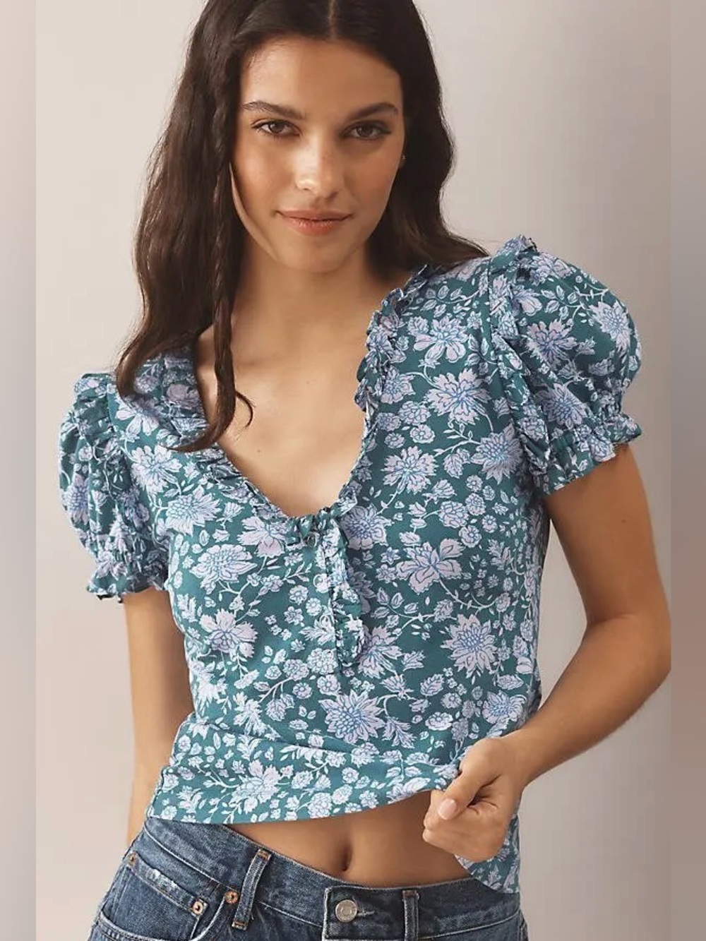 Maeve Anthropologie Puff-Sleeve Ruffle Henley Tee Blouse Top Size small